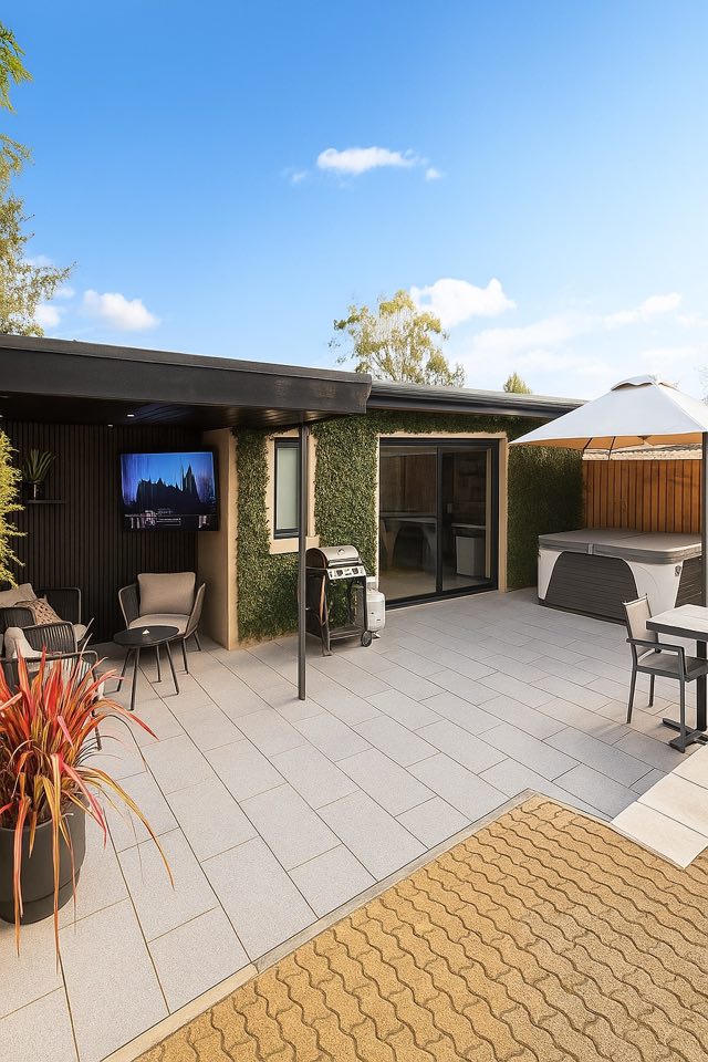 Luxury Studio: Patio with the covered outdoor lounge, TV, BBQ and hot tub